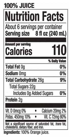 Nutrition Label For 100% Orange Juice