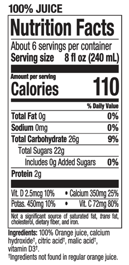 Nutrition Label For Fortified 100% Orange Juice